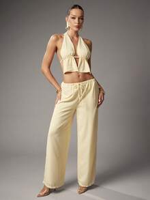 Hauture Women's Summer Going Out Vacay 2 Pieces Set With Butter Yellow Texture Chiffon Top And Pant - Yellow - View 5