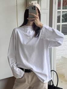 DAZY 女士宽松商务休闲基本款纯色长袖T恤，秋冬 - 白色 - 查看 7