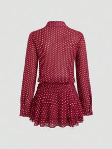 Sweetra 女式新款优雅波尔卡圆点褶饰多层下摆纽扣长袖衬衫裙 - 紅色 - 查看 2