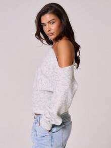 MUSERA Fluffy Knit Asymmetrical Shoulder Cinched Waist Mohair Top Fall, Autumn,  , Cute, Country, Cottage Core,     Butterscotch Winter  Elegant Evening Party  Spring Sweater - Grey - View 3