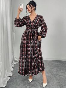 Modelyn Vestido corto de manga corta con volantes de talla grande para mujer, con estampado romántico elegante de rayas y flores - Multicolor - Ver 5