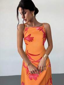 Firerie 女士纯色休闲细肩带露背花卉印花宽松夏威夷度假太阳裙，奶油黄色 - 橘色 - 查看 6