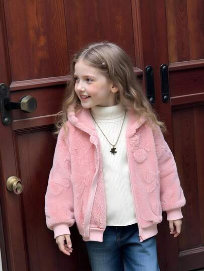 女童纯色3D图案法兰绒保暖连帽拉链夹克