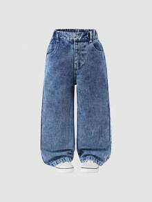 1pc Girls' Casual Flare Jeans, Simple Blue Washed Denim With Pink Bow Embroidery, Suitable For Everyday Wear Fall Winter - Medium Wash - View 2