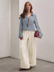 COSMINA Women's Plain Khaki Front Tie Long Sleeve Minimalist Business Casual Work Shirt, Casual Daily Wear FAll - Baby Blue - View 8