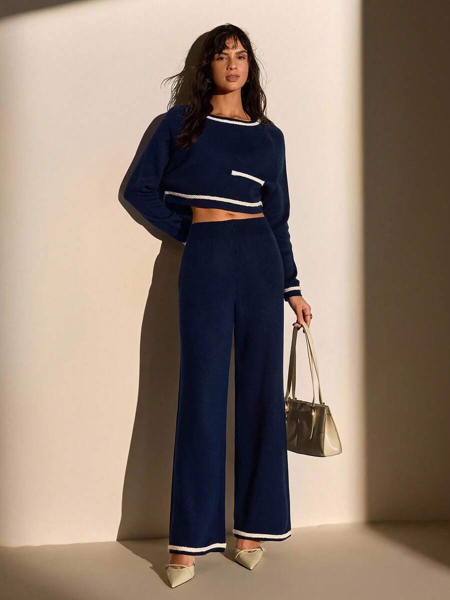 EURMUSE Marineblauer Crop-Pullover mit Kontrastbesatz & hochgeschnittene Strickjogginghose Set - 40cm locker sitzende Oberteil mit Tasche, Winterkleidung Damen, Winterkleidung, Herbstoutfits Damen, Herbst