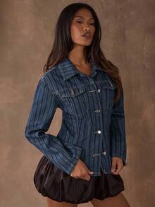 SHEIN BAE 女式秋冬休闲条纹长袖单排扣修身时尚牛仔夹克，秋季，女式牛仔夹克，音乐会，休闲女装，商务休闲女装，大码秋季服装，女式外出上衣，新款秋季时尚女装，老款女装