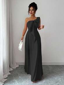 Selianne Asymmetric Big Bowknot Waist A-Line Elegant Romantic Women Dress - Black - View 4