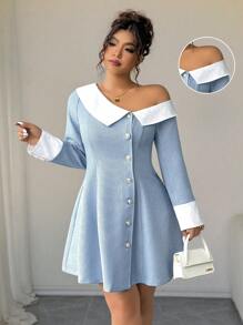 Elenzga Große Größen Gewebe Patchwork Kontrast Farbkragen Ärmel Schräge Schulter Asymmetrische Schulter Revers Offene Front Gold Knopf Dekor Taille ausgestellter Saum Elegantes Pendler Ausflug Party Date Knielanges Kleid - Blau-Weiß - Übersicht 4