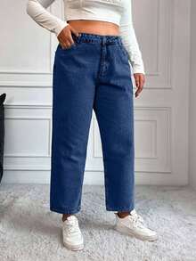 EURMUSE Plus Size Casual Washed High Waist Tapered Jeans - Medium Wash - View 5