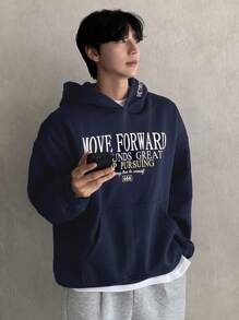 DAZY 男士字母印花连帽卫衣，街头风格，海军蓝，秋季 - 藏蓝色 - 查看 1