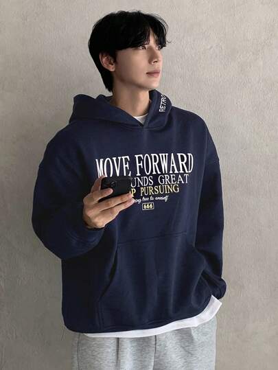 DAZY 男士字母印花连帽卫衣，街头风格，海军蓝，秋季