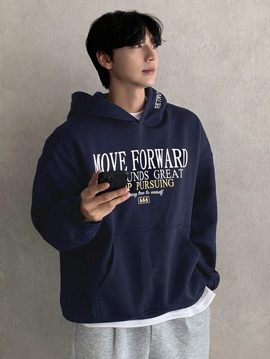 DAZY 男士字母印花连帽卫衣，街头风格，海军蓝，秋季 - 藏蓝色 - 查看 1