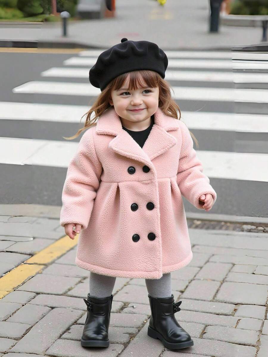 SHEIN Baby Girl Cute Casual Versatile Hooded Thickened Plush Coat Suitable For Autumn And Winter Daily Wear - Pink - View 1