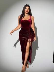 Viva Relle Damen Große Größen elegantes einfarbiges Samt-Stoff Maxikleid mit hohem Kragen, hohem Schlitz, Kordelzug-Design, vielseitig einsetzbar mit Schleife für Party, Geburtstag - Bordeaux - Übersicht 3