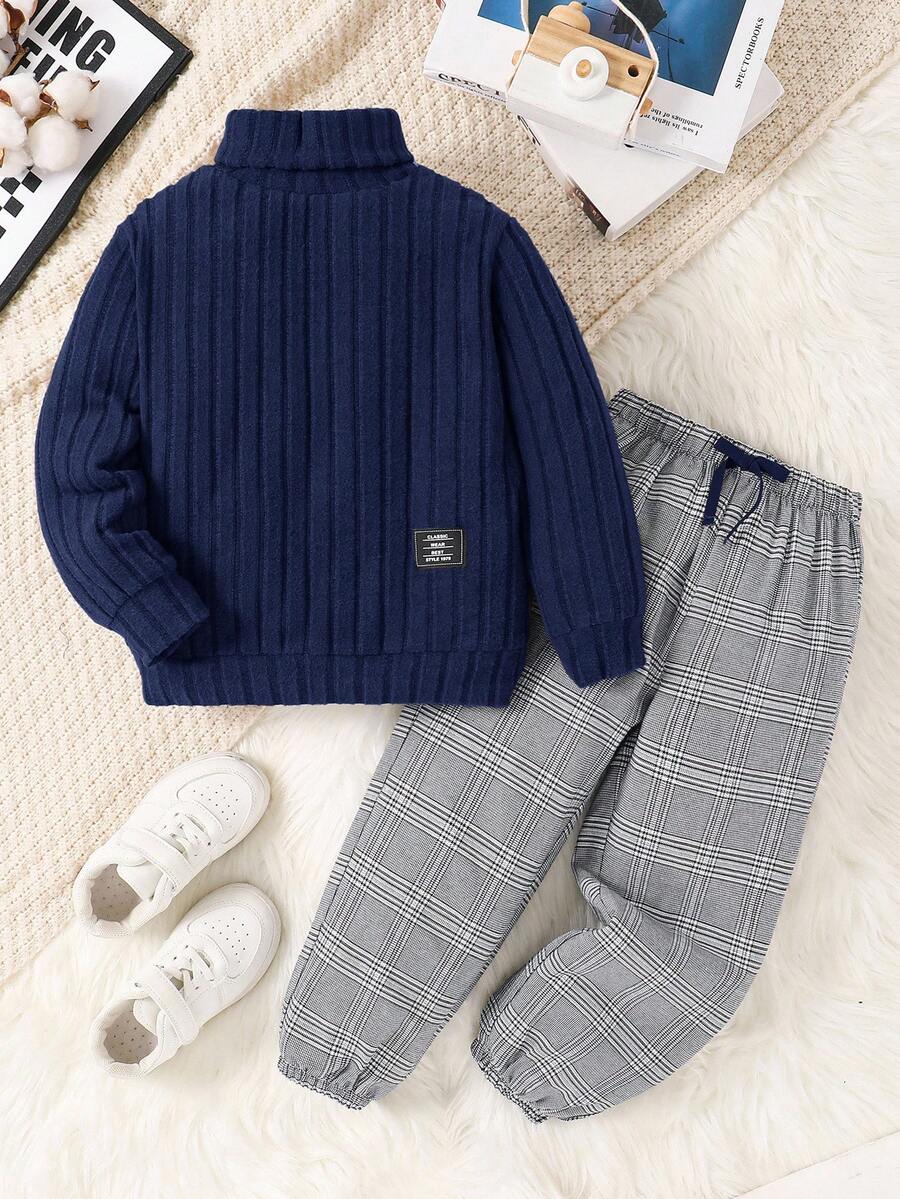 2 件套年轻男童休闲学院风舒适时尚纹理运动衫上衣和格子裤，适合开学第一天，儿童服装，小男孩服装，开学返校，男童套装，男童服装，适合日常穿着、上学、旅行、运动、秋冬季 - 藏蓝色 - 查看 1