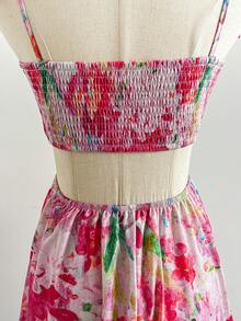 Soleia 女士彩色花卉油画印花褶皱肩带腰 A 字中长连衣裙，度假风 - 彩色 - 查看 8