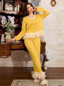 Côtesoire French Retro Elegant Yellow V-Neck Layered Ruffle Hem Women Pajama Set Yellow Pajama Set Women Women Yellow Pajamas Yellow Pajama Set With Ruffle Trim Yellow Two Pieces Pajama Set For Women Women Yellow Lounge Pajama Set, Fall Clothes - Yellow - View 6
