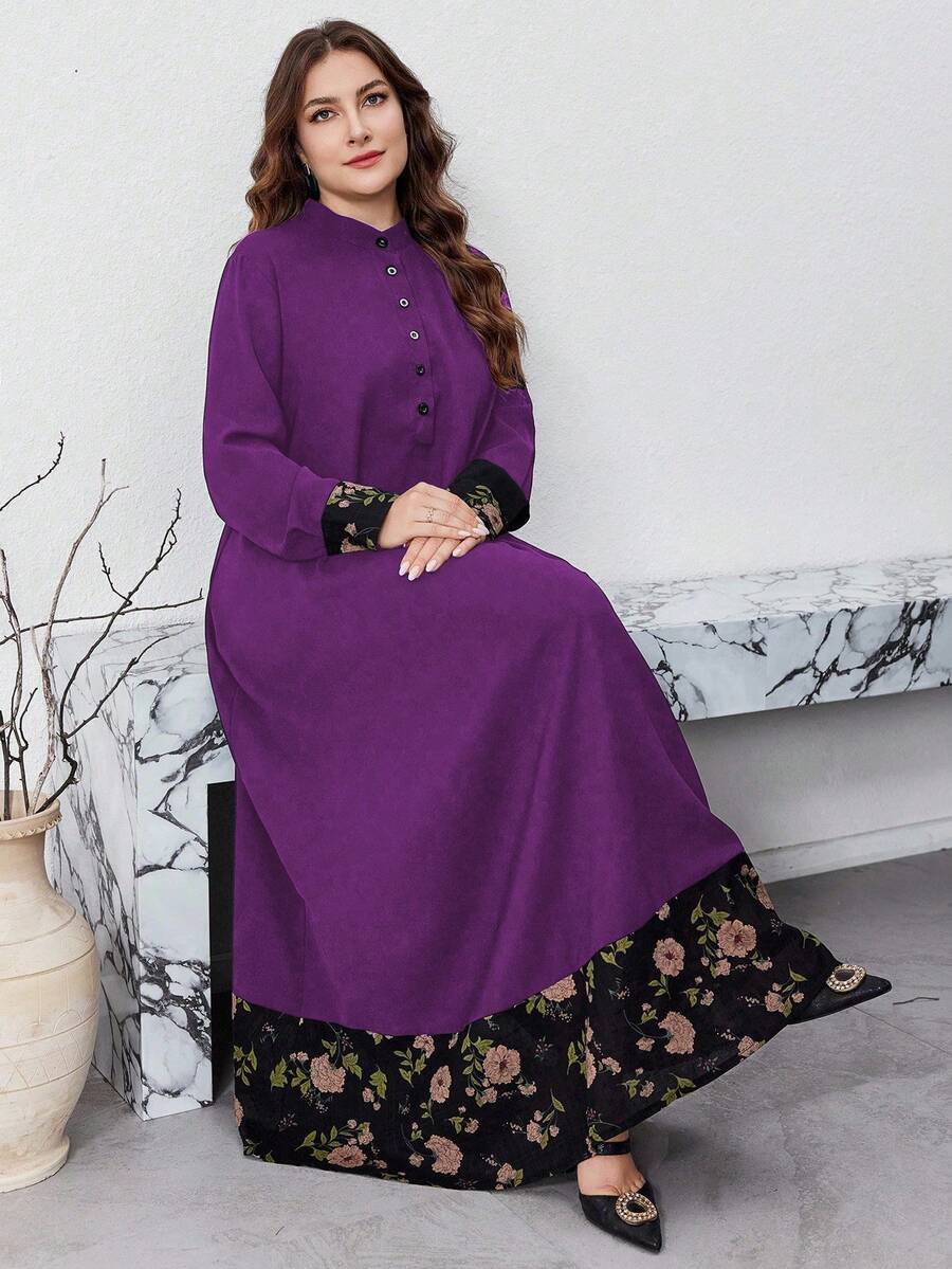 Al Najma 大码女式花卉印花纽扣前长袖宽松休闲连衣裙，休闲端庄束腰长裙，适合旅行/休闲/居家/度假 - 彩色 - 查看 1
