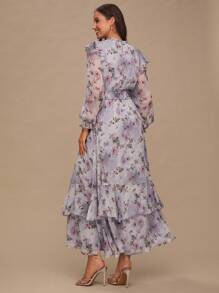 Enchnt 秋冬浪漫女式优雅多色休闲度假花卉印花荷叶边袖子分层荷叶边饰边收腰长裙，甜美优雅，适合度假、约会、假日和海滩，优雅派对连衣裙，女士秋季连衣裙，秋季服装，波西米亚服装 - 彩色 - 查看 8