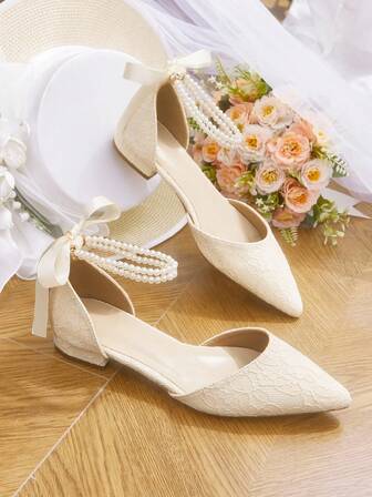 CUCCOO HITCHD 杏色珍珠蝴蝶结蕾丝女士平底鞋低跟舒适优雅适合婚礼镂空平底鞋