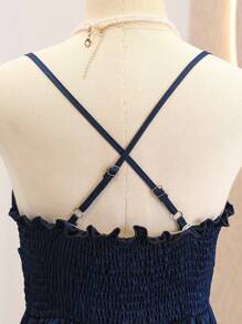 优雅藏蓝色交叉露背吊带连衣裙，适合少女秋冬季穿着 - 藏蓝色 - 查看 3