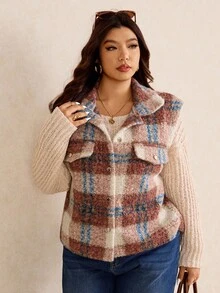 Elaquor Chaqueta sin mangas de lana a cuadros minimalista y casual para mujer de talla grande, versátil para el hogar y el exterior, otoño/invierno - Multicolor - Ver 5