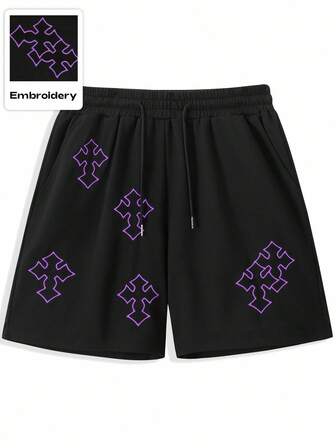 Goth Cross Embroidery Drawstring Waist Pocket Casual Versatile Shorts