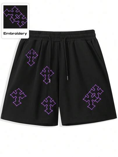 ROMWE MEN Goth Pantalones cortos casuales y versátiles con bolsillo, cintura con cordón y bordado de cruz