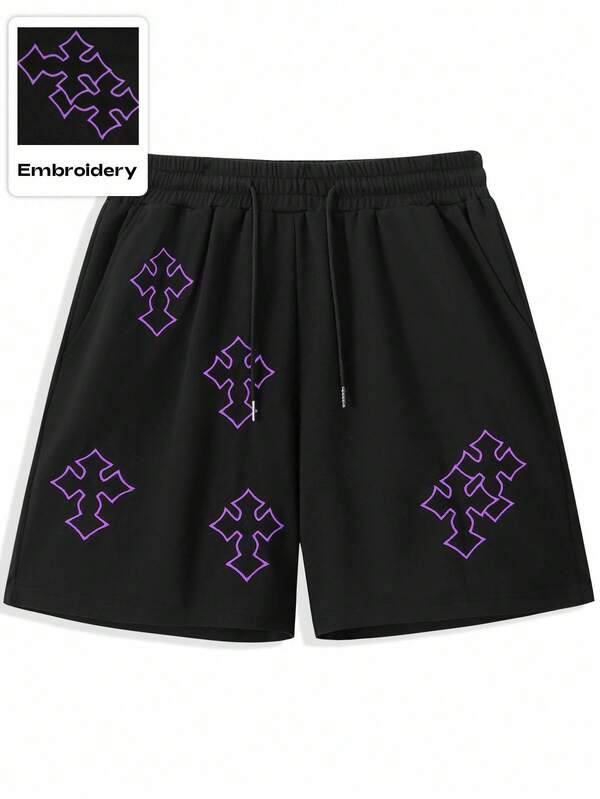 ROMWE MEN Goth Cross Embroidery Drawstring Waist Pocket Casual Versatile Shorts