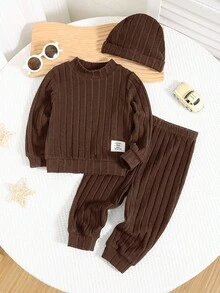 SHEIN 3 件套男婴/女婴柔软羊毛高领贴花上衣、休闲长袖套头衫和裤子（含帽子套装）、百搭百搭，适合居家和户外，秋冬 - 棕色 - 查看 8