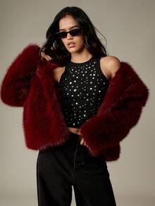 MISSGUIDED 奢华人造毛皮冬季大衣毛绒派对外套个性晚礼服夹克勃艮第酒红色优雅假日时尚中长款迷人场合穿着 - 酒紅色 - 查看 3