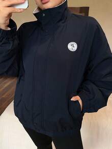 Dazy Plus 加厚保暖内衬撞色羊羔绒图案拉链宽松立领长袖外套，女士加大码，秋冬保暖内衬女式外套 - 藏蓝色 - 查看 8