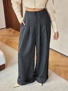 Siren Gaze 女高腰百褶宽松直筒裤灰色条纹阔腿裤秋冬商务休闲高腰阔腿长裤 - 灰色 - 查看 9