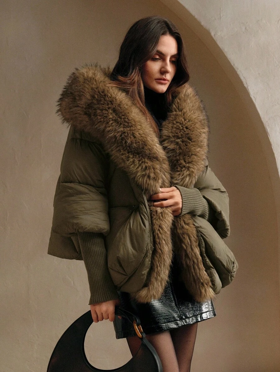 Anewsta Short Thick Hooded Jacket With Extra Large Furry Collar And Ribbed Cuffs