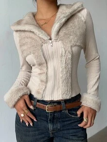 Aloruh 女式秋冬夹克，仿皮草领，拼接设计，复古 Y2K 时尚外套 - 杏色 - 查看 4