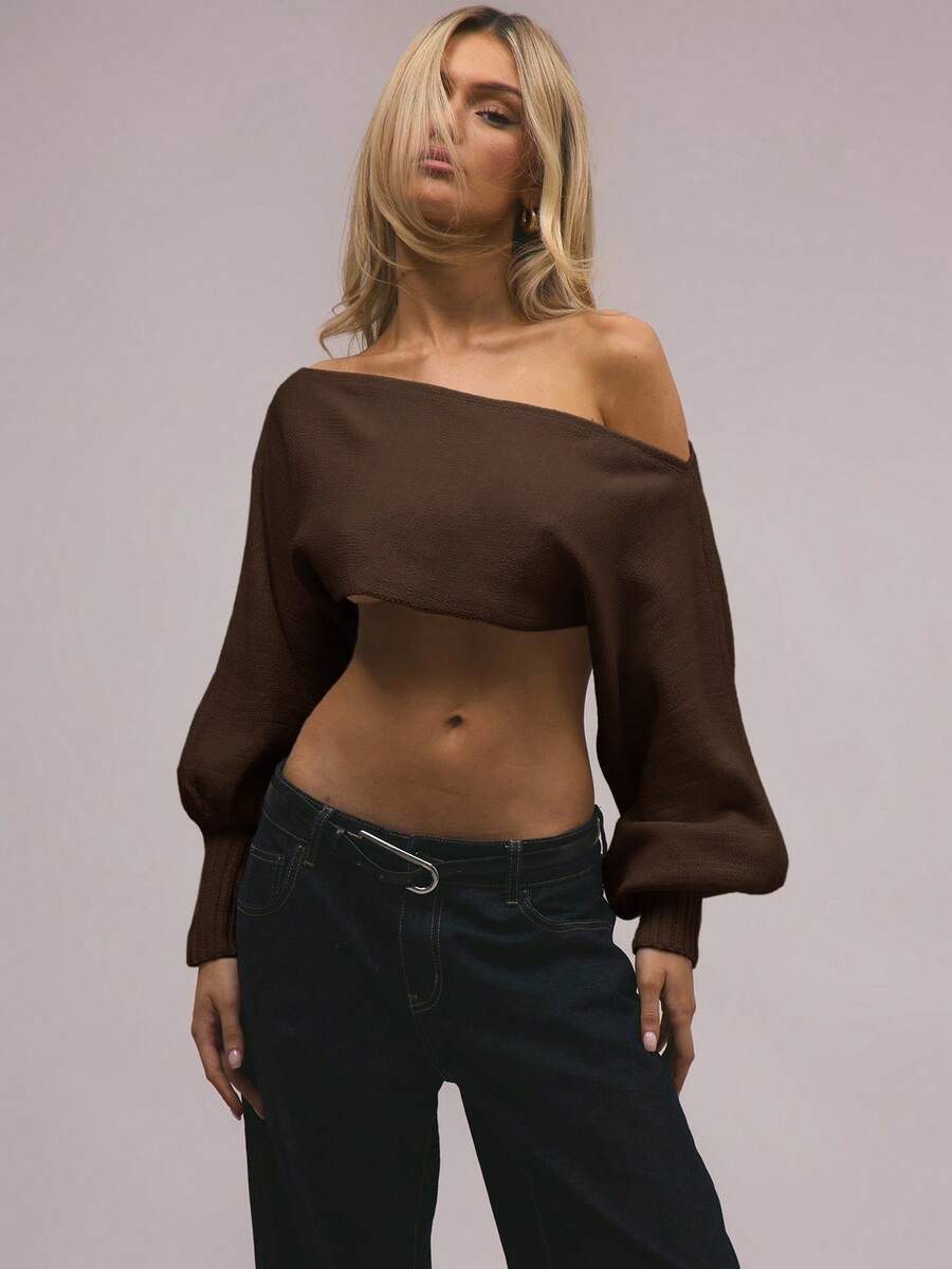 MUSERA 泡泡袖针织露肩毛衣上衣，优雅春假可爱性感90年代夏季甜美缪斯风，Y2K上衣伊比沙岛假日节冬季日常晚装优雅 - 棕色 - 查看 1