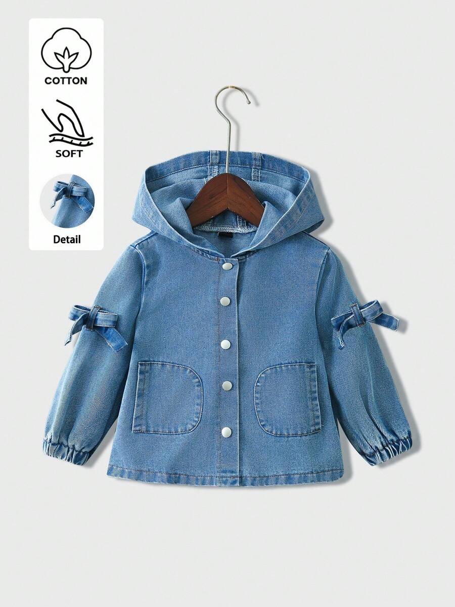 女童浅蓝色水洗休闲宽松牛仔外套，带口袋和蝴蝶结设计，可爱百搭，适合日常穿着，简约时尚。 - 中等水洗藍 - 查看 1