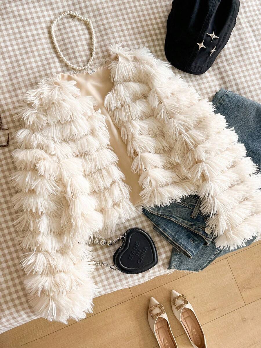 Tween Girl Solid Color Fluffy Short Fashionable Winter Jacket Fall
