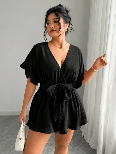 Elenzga 大码女式纯色 V 领荷叶边袖系腰阔腿连体裤，休闲度假风