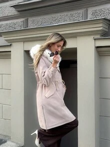 MOTF PREMIUM ÁO KHOÁC MÙA ĐÔNG CÓ MŨ CÓ VẺ LÔNG - Màu be - Xem 4