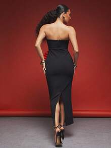 Vixey Black And Red Cascading Ruffle Detail Strapless Flare Leg Jumpsuit - Black - View 2