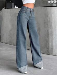 SHEIN Tall High Waist 100% Pure Cotton Cuffed Wide Leg Jeans - Light Wash - View 3