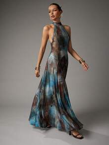 Hauture Women's Sexy Abstract Print Halter Summer Vacation Beach Elegant Maxi Dress - Multicolor - View 3