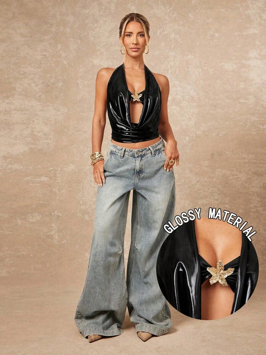 Lumalex 秋冬哥特风冬季简约老钱假日派对锐舞节郊游泳装度假波西米亚风户外奢华层次丰富的婚礼季宴会成人礼海边金属光泽深V领露背金属装饰女式上衣奢华舞会圣诞节新年 - 黑色 - 查看 1