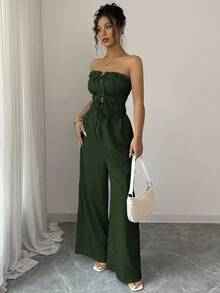 Elenzga 女士度假风荷叶边前系带条纹抹胸阔腿连体裤 - 彩色 - 查看 4