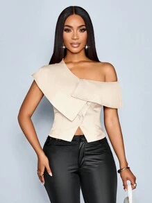 SOLERSUN Women's Spring Summer Elegant Old Money OfficeBusiness Casual Off Shoulder Asymmetrical Single-Breasted Blouse - Apricot - View 6