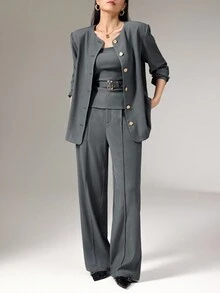 Heiryn Minimalist Round Neck High-Quality Dark Grey Women's Blazer, Suitable For Commuting In Fall/Winter - Dark Grey - View 4