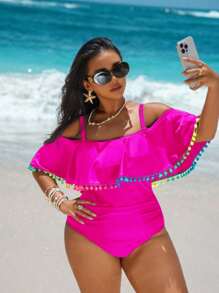 Swim Vcay Plus Size Solid Color Fringe One-Piece Swimsuit, Fashionable For Summer - Hot Pink - View 5