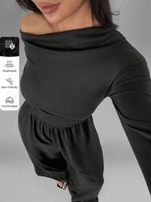 FavEase 女士休闲百褶宽松直筒斜肩长袖连体裤，适合春秋季 - 黑色 - 查看 3